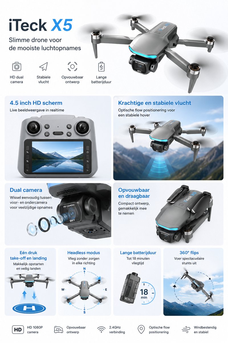 iTeck X5 Drone met Camera en Schermcontroller thumbnail 4