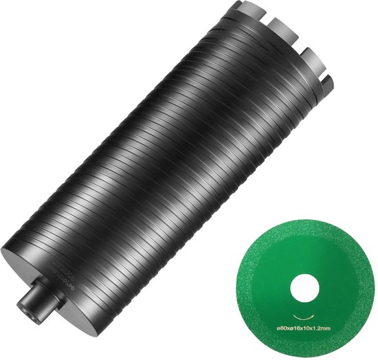 Een zwarte diamantkernboor met brede groeven en een groene diamantzaagblad.