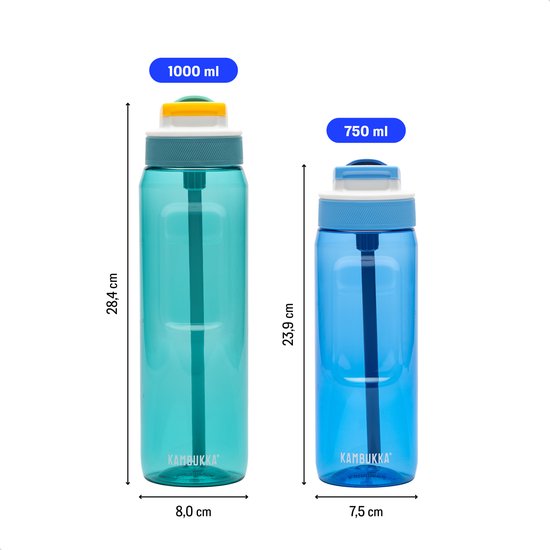 Deux gourdes Kambukka côte à côte, une verte de 1000ml et une bleue de 750ml, avec dimensions.