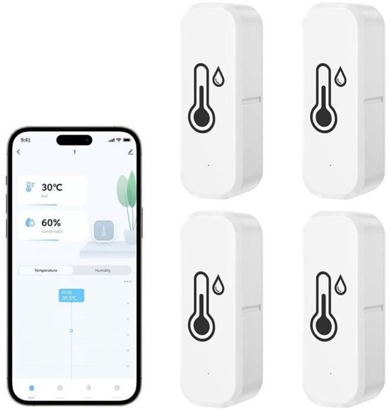 Tuya Smart Living WiFi-thermometer en -hygrometer Geschikt voor binnen, Geschikt voor Alexa en Google Home (4-pack)
