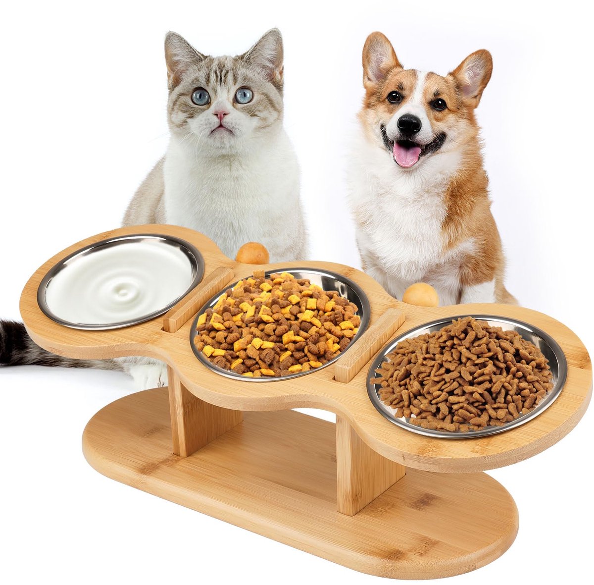 Verstelbare Katten voerbak Verhoogd – Voerstation met 3 RVS Bakjes en Houten Standaard