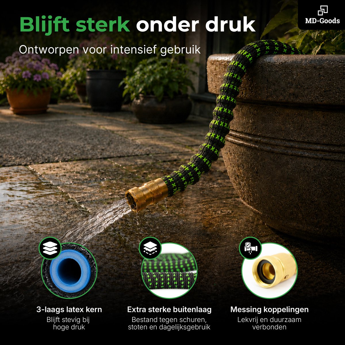 MD-Goods Flexibele Tuinslang tot 30 Meter + Sproeikop, opbergtas en koppelstukken - uitrekbare Waterslang - Zwart/Groen thumbnail 4