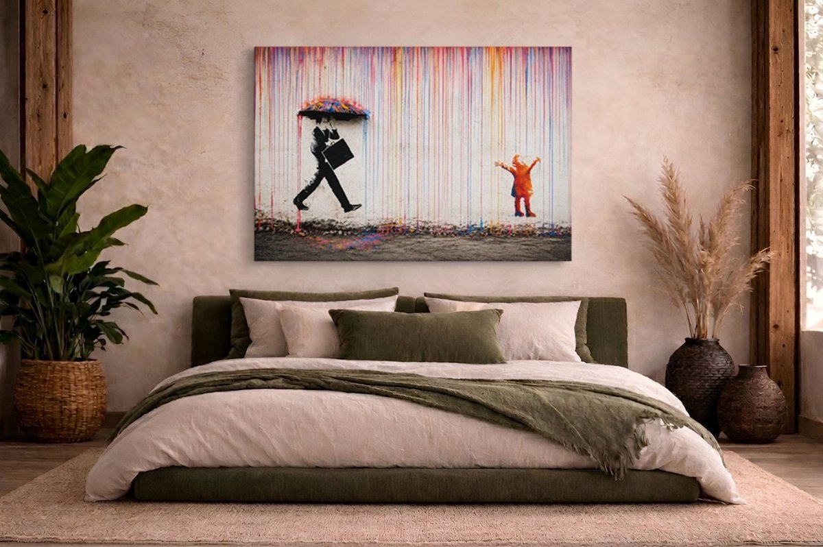 Trendex Global Canvas Schilderij - Banksy - Kleurrijke Regen - Muur Kunst - 120x80x2 cm