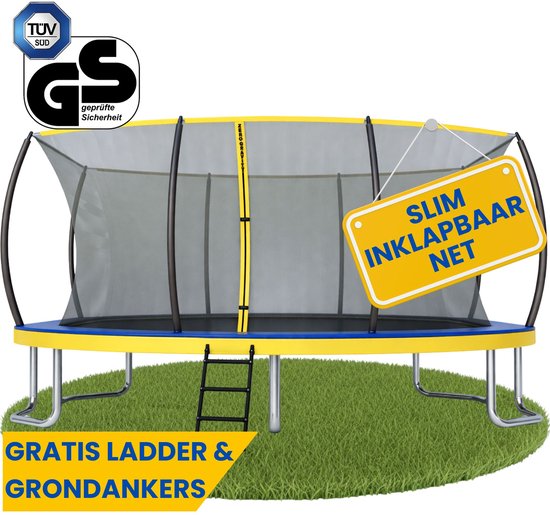 Een trampoline met geel frame, blauwe mat en zwart veiligheidsnet. Er hangt een geel bord aan met "SLIM INKLAPBAAR NET".