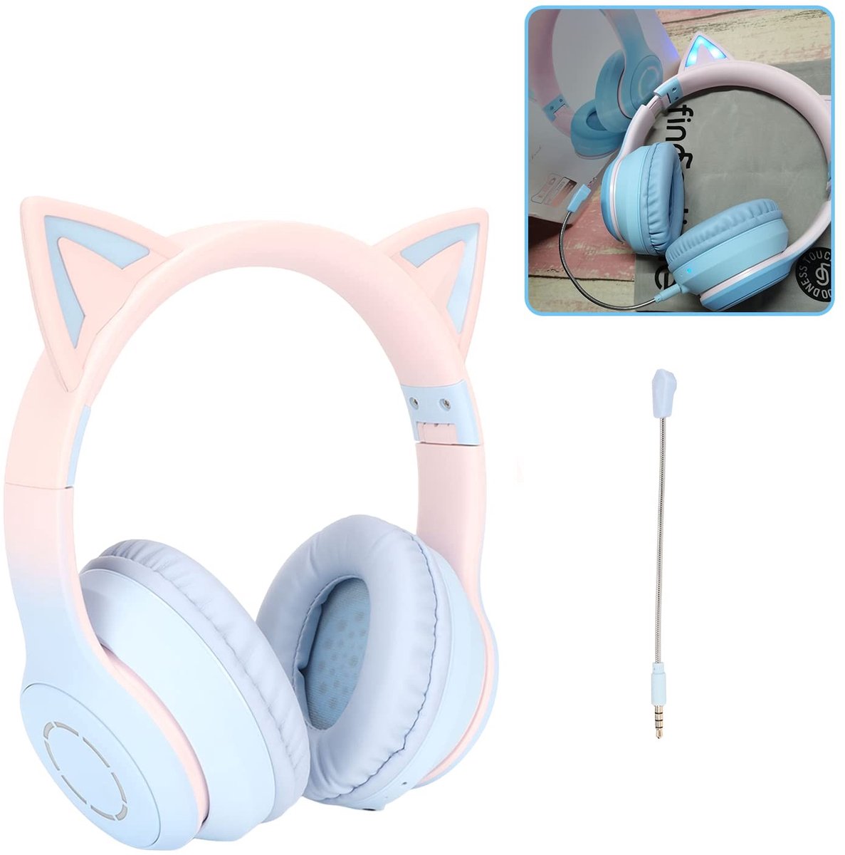 OmGoods - Dailygoody - Cat Ear-koptelefoon - Draadloze Gaming-headsets - Opvouwbare Hoofdtelefoon - Blauw - LED-verlichting - Geschikt voor Meisjes - 7 Kle