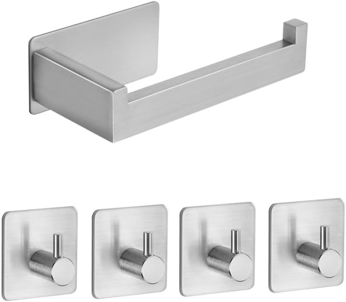 Toiletpapierhouder Set - Roestvrij Staal Zelfklevend - 1 Houder en 4 Haken - Geen Boren Nodig Waterbestendig - Voor Badkamer Keuken Woonkamer - Zilver