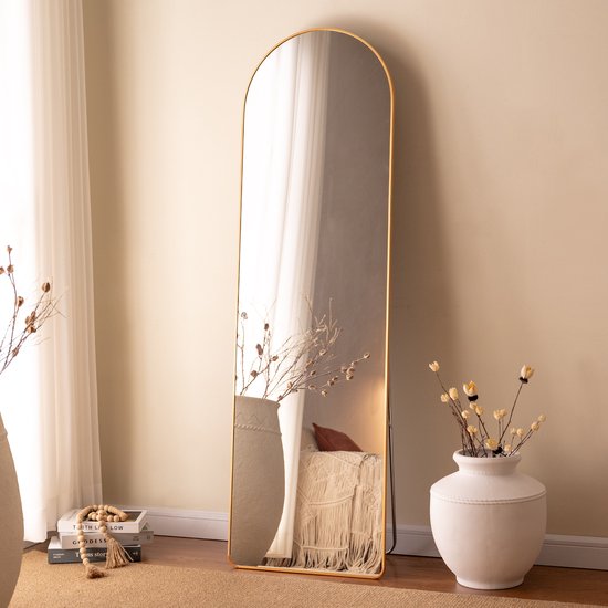 xDays Passpiegel Staand en Wandmontage Goud - Boogspiegel 158x47,5 cm - Metalen Frame - Vrijstaand met Inklapbare Standaard - Afgeronde Hoeken - Slaapkamer Woonkamer