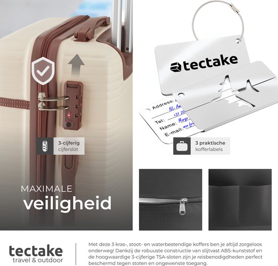 Detail van crème koffer met 3-cijferig TSA-slot, ritssluiting en adreslabels.