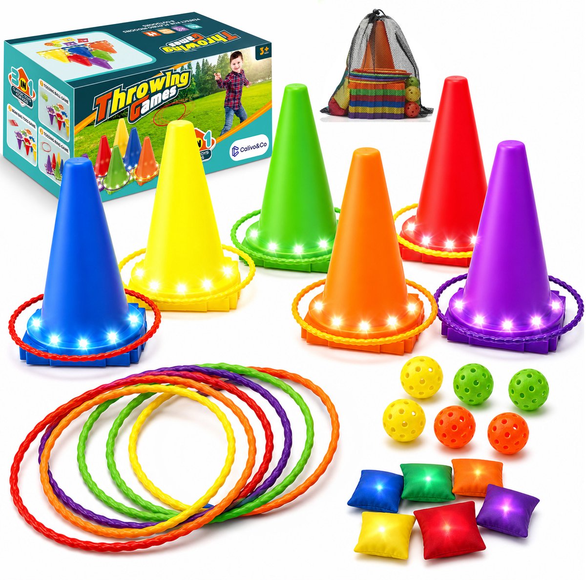 Calivo&Co® Werpspel Verlicht – Buitenspeelgoed Jongens & Meisjes – Spelletjes voor Kinderen – Ringwerpen – Speelgoed Buiten – Kinderspeelgoed – Strandspeelgoed – Strand Speelgoed – Pittenzakjes Speelgoed