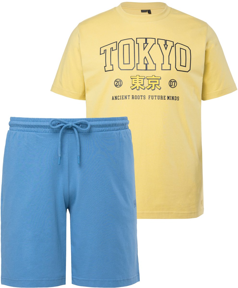 Men Plus - Heren - Pyjama tweedelige set T-shirt borstprint short tot 8XL - Lichtgeel - Maat L