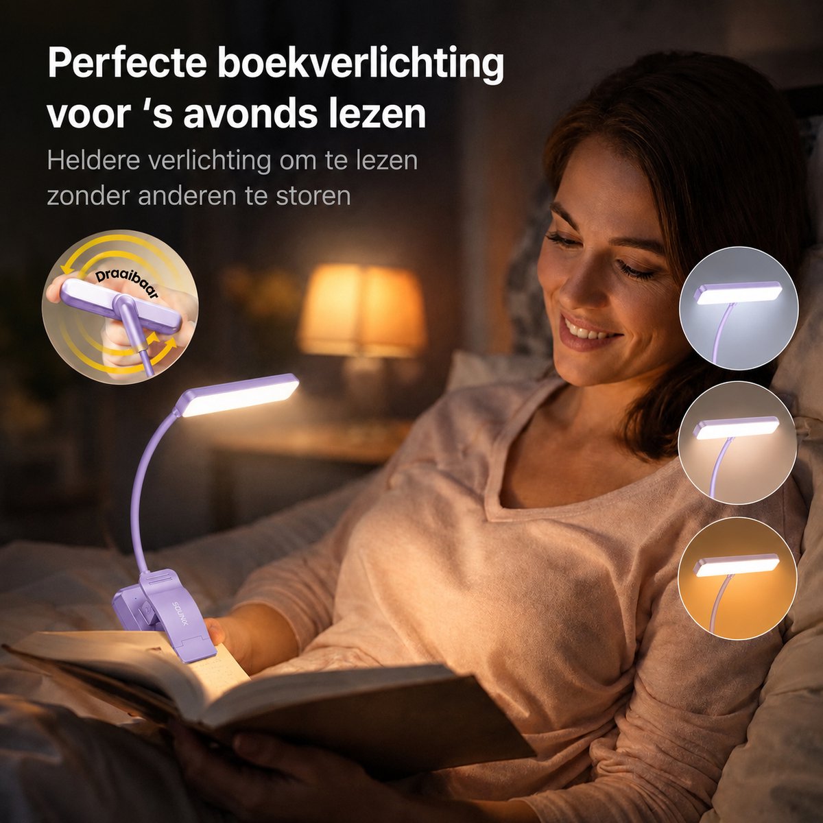 Sounix LED Leeslampje voor Boek met Klem - 315° draaibaar Leeslamp - 24 LED - Boeklampje met 3 Lichtstanden - Oplaadbare boeklamp USB - Dimbaar - Paars — cadeau in Gadgets - foto 2