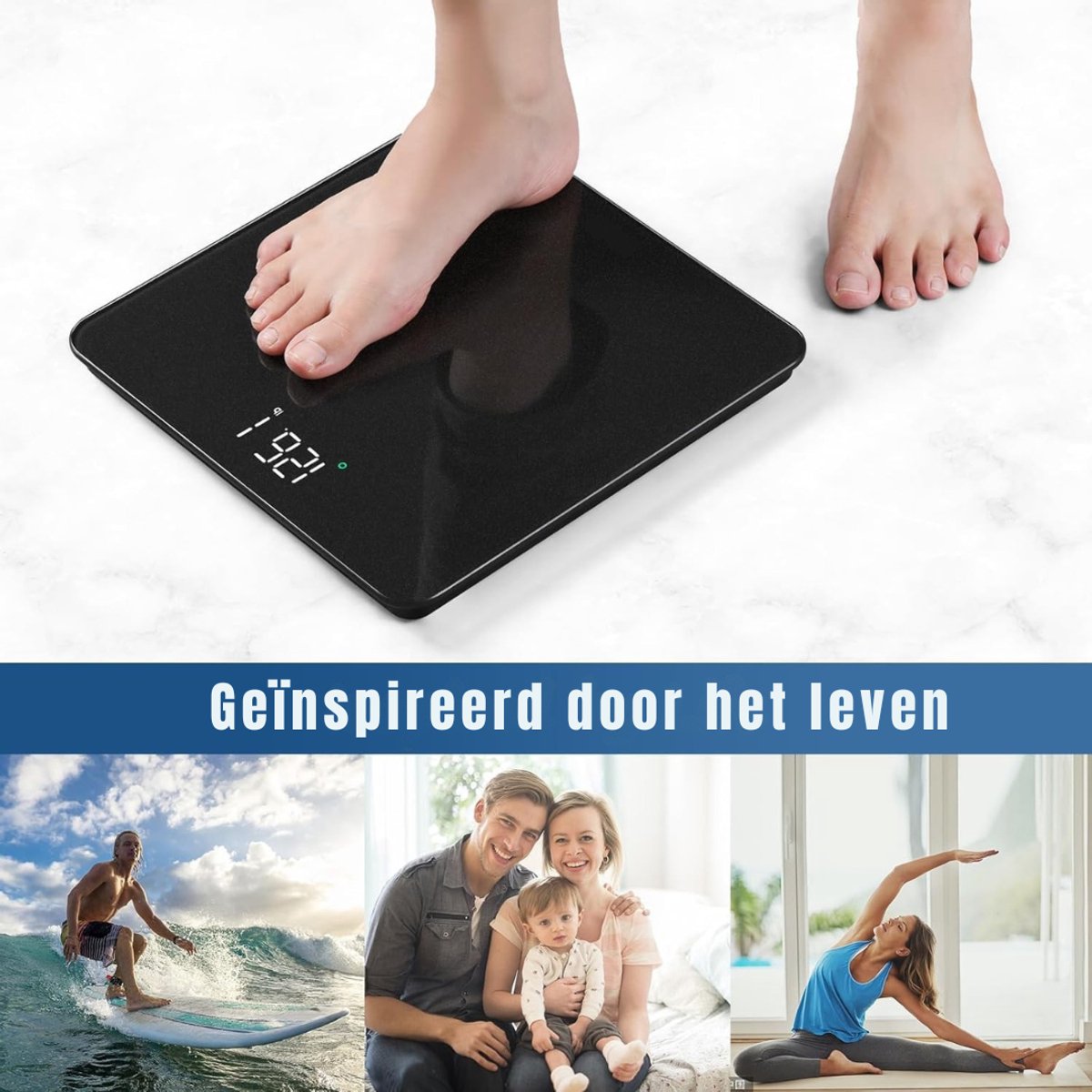 YOR® Weegschaal - Digitale Weegschaal - Digitale Weegschaal Personen - Zwart- 28cm x 28cm x 3cm; 1.2 kg