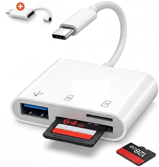 Lecteur de carte blanc avec USB-C, emplacements pour cartes SD et TF. Adaptateur 8 broches inclus.