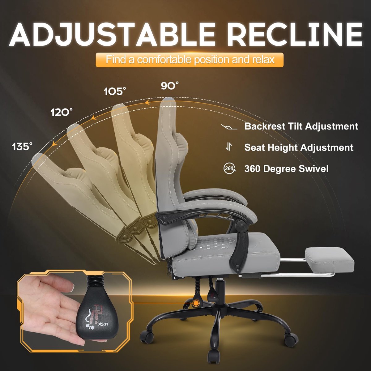 Homaxy - Game Stoel - Gaming Stoel - Gaming Stoel - Ergonomische Bureaustoel - Gamestoel - Verstelbaar - Gaming Chair - Inclusief voetensteun - Grijs – foto 6