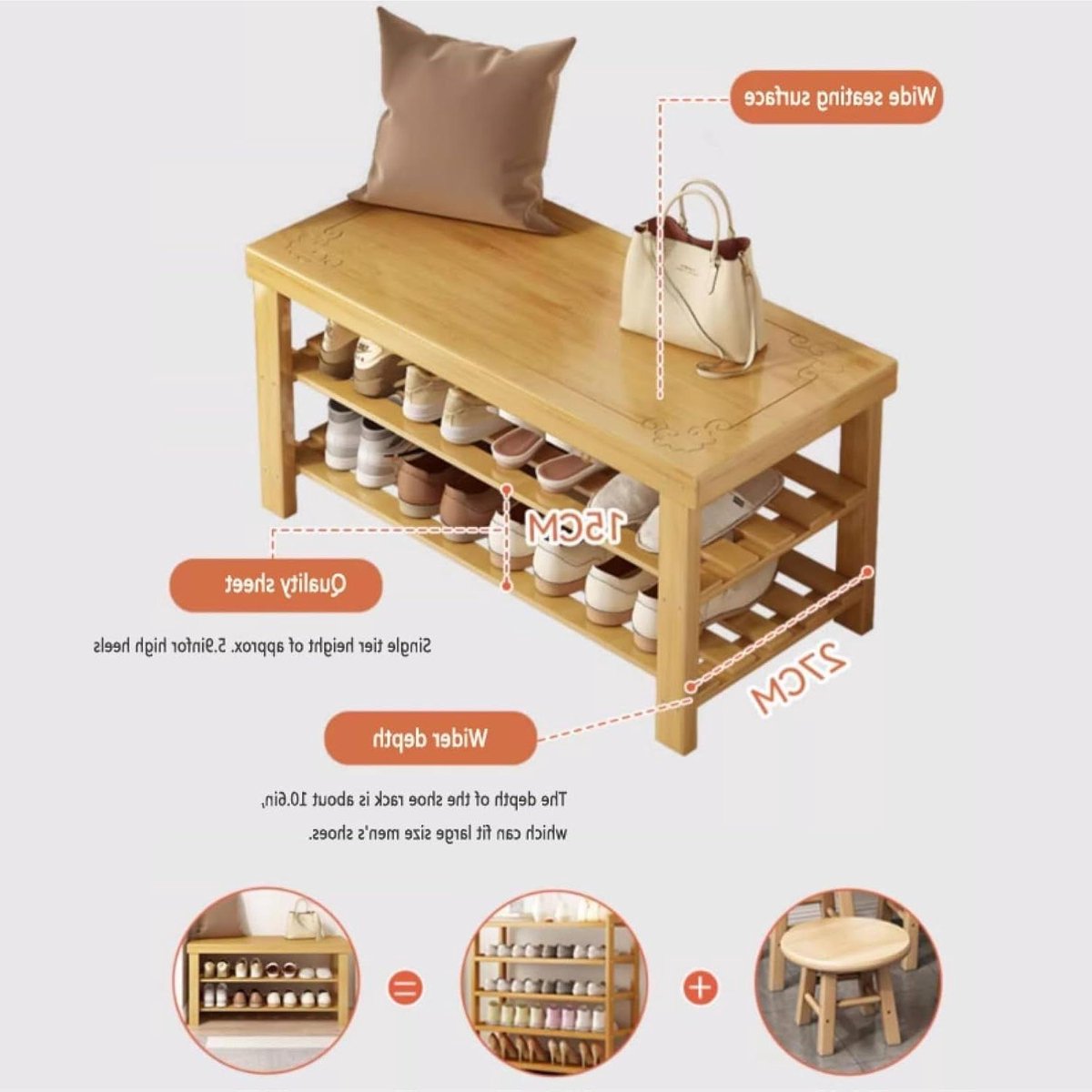 Schoenenrek Bank - Schoenenkast Organizer - Entree Opruimen - Massief Bamboe - 70cm Breed