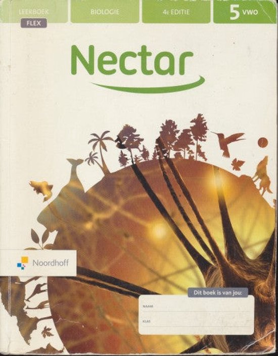 Voorblad Nectar Biologie 4e editie Leerboek Flex 5 VWO met afbeelding van de aarde met silhouetten van dieren en bomen.