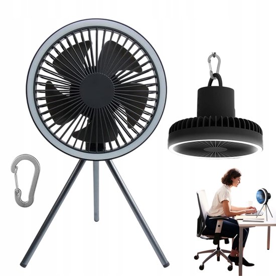 3-in-1 oplaadbare tafelventilator 10000mAh met verlichting, timer, statief, stil, draagbaar, zwart