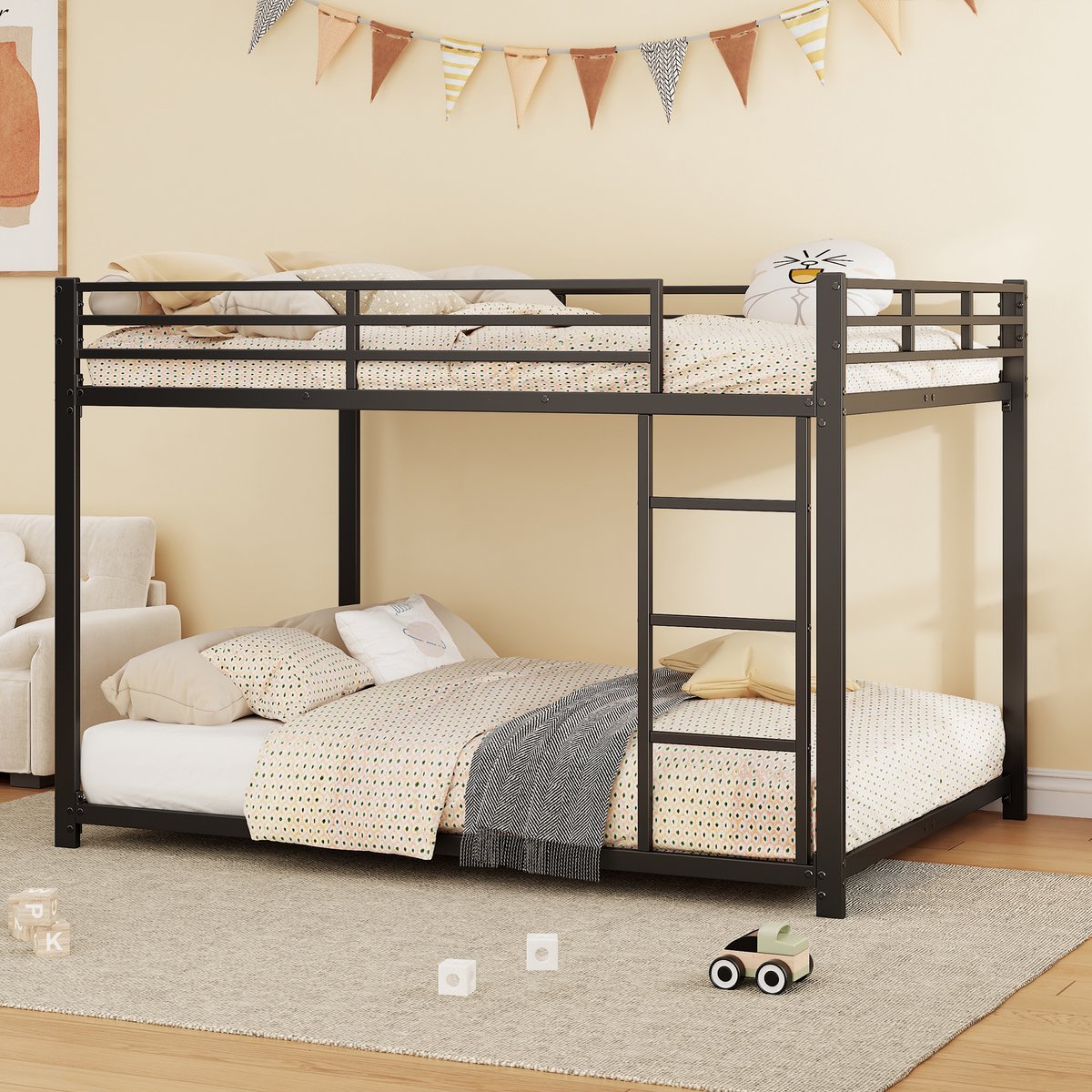 HAUSS SPOLE Metalen Stapelbed 140x200 cm - Kinderbed Met Veiligheidshek en Lattenbodem - Zonder Matras - Zwart