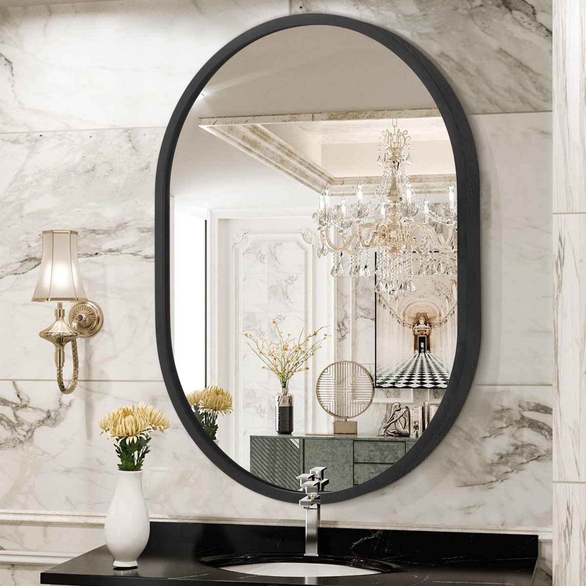 Ovale Spiegel met Zwart Metalen Frame voor Badkamer, Woonkamer en Slaapkamer - 40x30cm Decoratieve Wandspiegel voor Horizontaal of Verticaal Gebruik