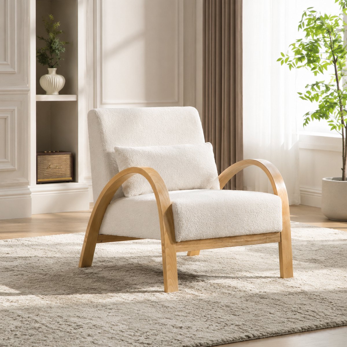Fauteuil - Comfortabele TV-stoel - Leesstoel - Chenillestof - Zacht zitkussen - Modern design - Geschikt voor de woonkamer, slaapkamer - Wit