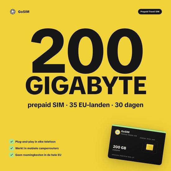 200 Gigabyte prepaid SIM, 35 EU-landen, 30 dagen. Werkt plug-and-play in elke telefoon en mobiele camperrouter zonder roamingkosten.