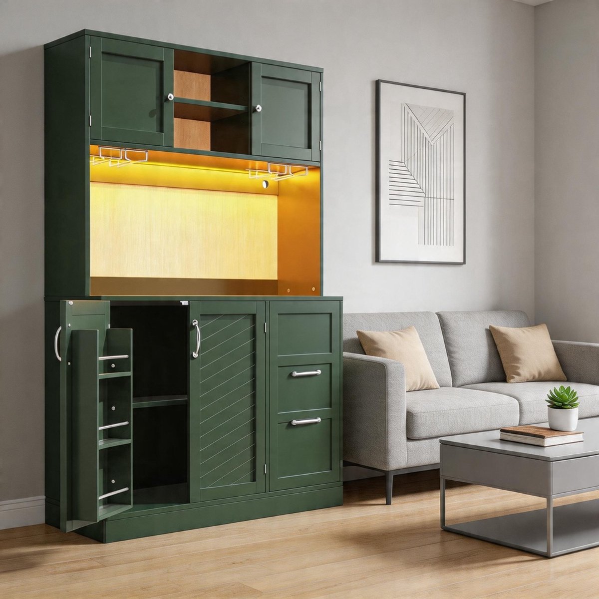 KOMHTOM - Sideboard / opbergkast / keukenkast / buffetkast - Met led-verlichting, snackplank & drankhouders - 4 deuren & 2 grote lades - Afmetingen: 120x40x188 cm - Kleur: Groen/zwart/wit