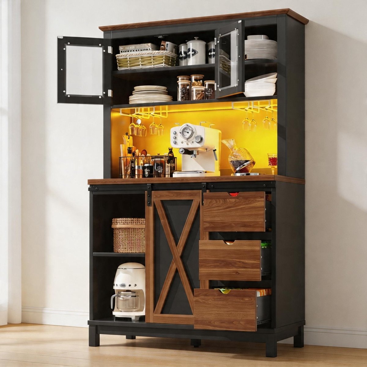KOMHTOM - Moderne hoge kast - LED-verlichting - App-bediening - Schuifdeur - Drie lades - Zwart