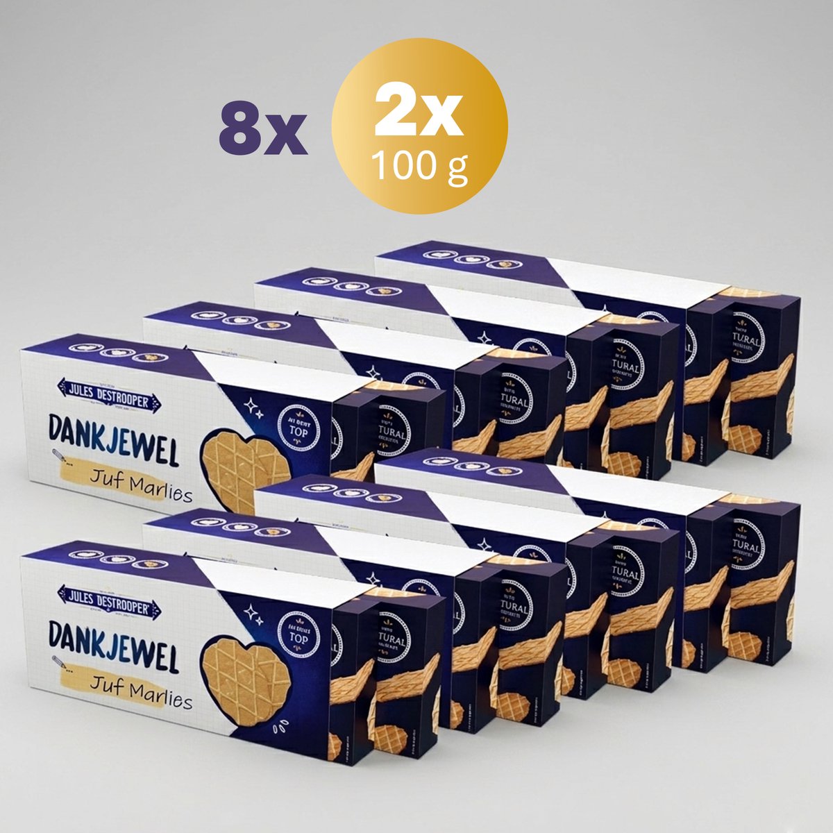Jules Destrooper Koekjes in cadeauverpakking om iemand te bedanken – 8 sets van 2x100g met personaliseerbare ‘dankjewel’ hoes – perfect geschenk als Vaderdag cadeau of einde van het schooljaar