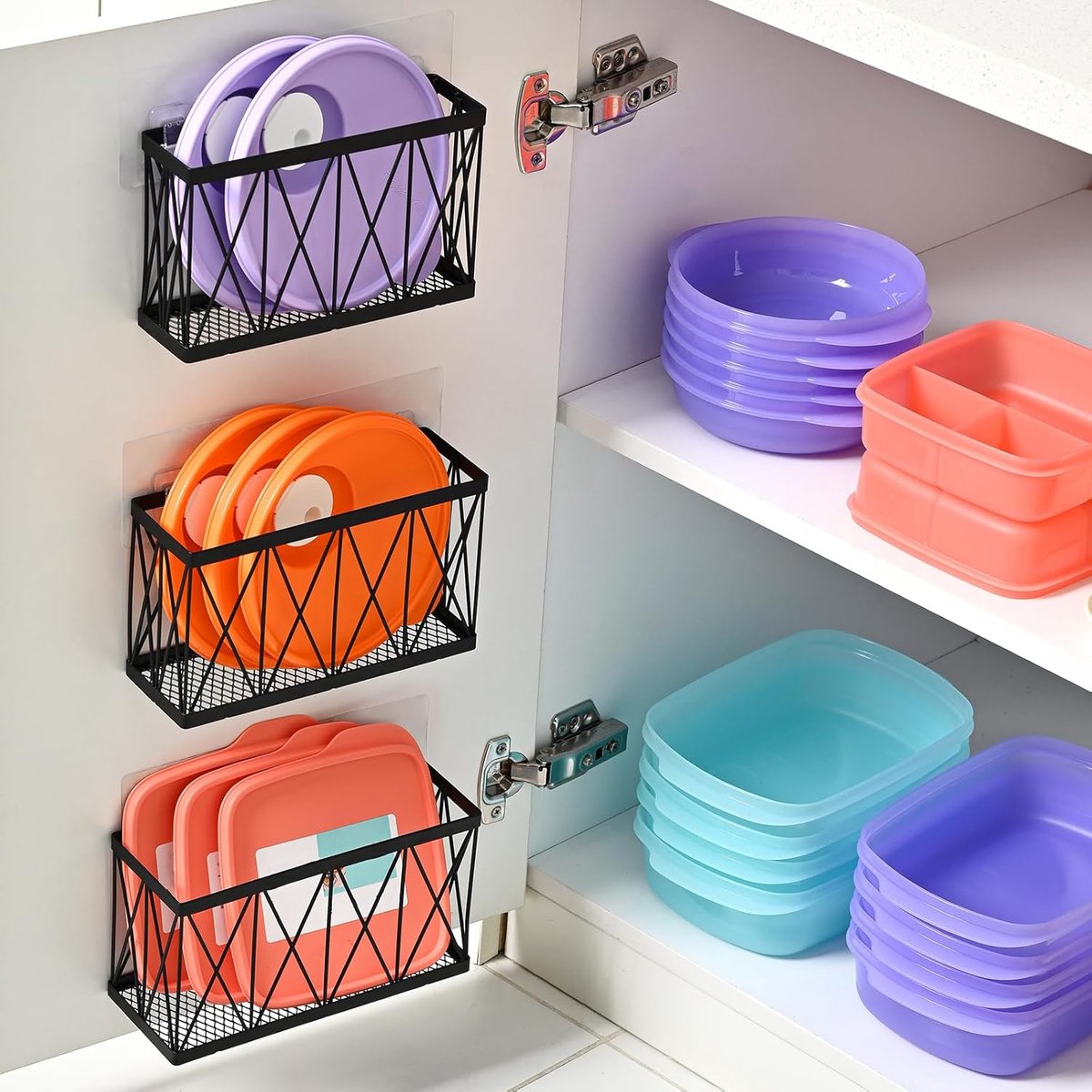Kastdeur Organizer Keuken 3-delig – Zonder Boren Zelfklevend Deurrek – Keukenkast Opberger voor Deksels & Schoonmaakmiddelen – Onder Spoelbak Organizer – Metalen Hangrek Zwart