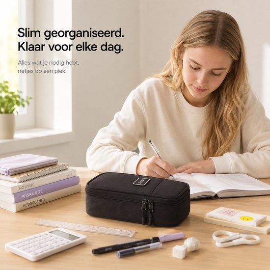 Meisje schrijft aan een bureau met een zwarte pennendoos, boeken, een rekenmachine en stiften.