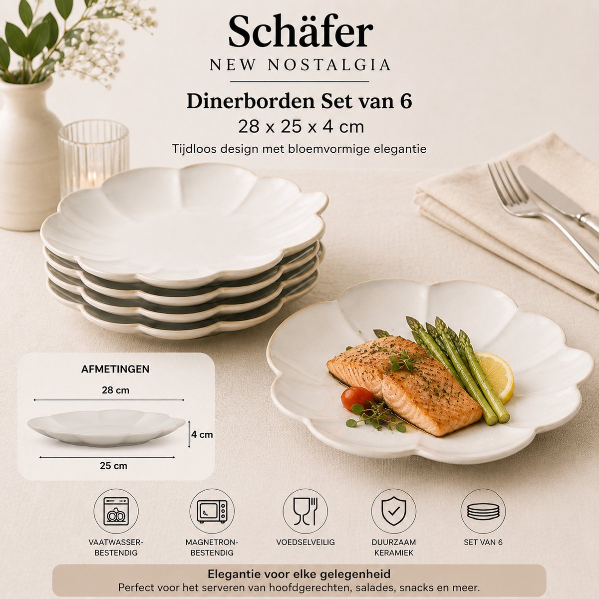 Schäfer New Nostalgia Dinerbord - Serveerborden Set van 6 – 28x25x4 cm – Keramische borden vintage stijl – Grote Borden – Beige