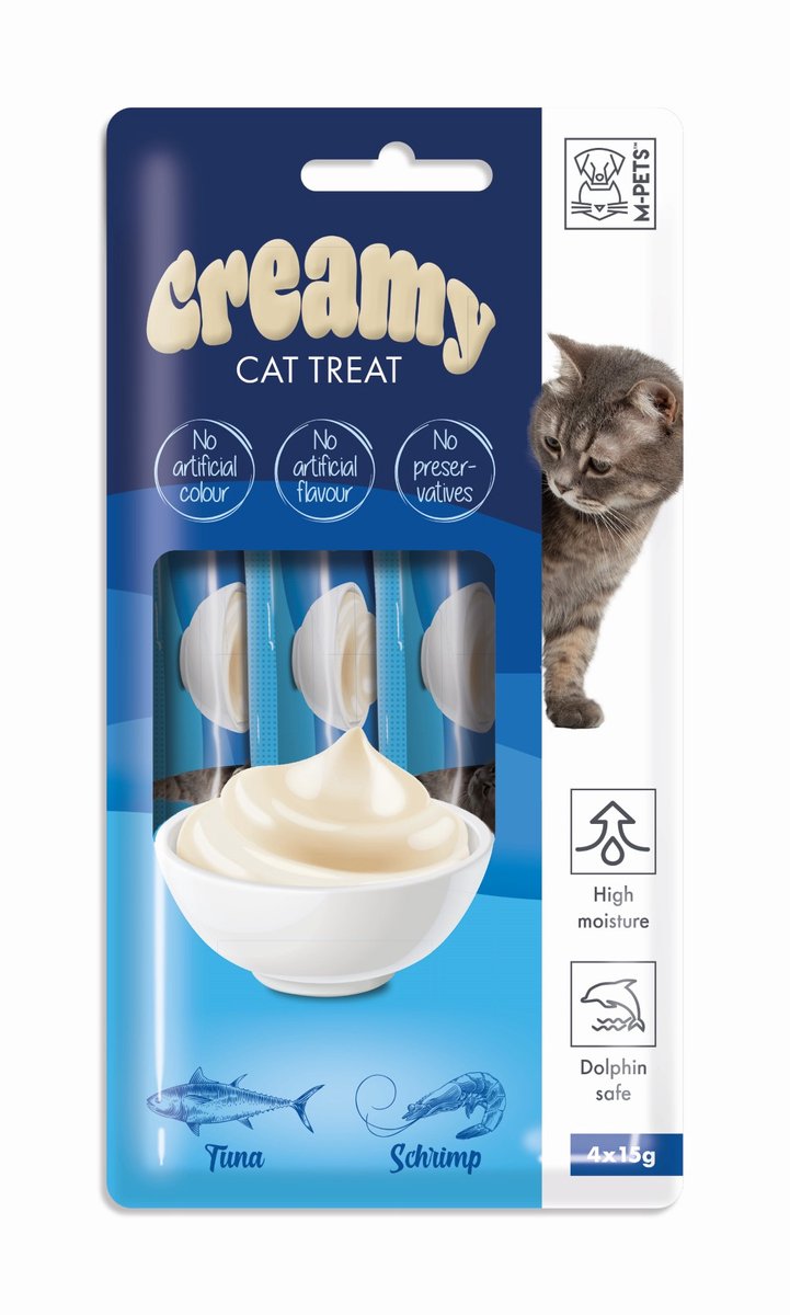 M-PETS Creamy kat snack tonijn & garnalen 60g ( 4x15g ) - per 12