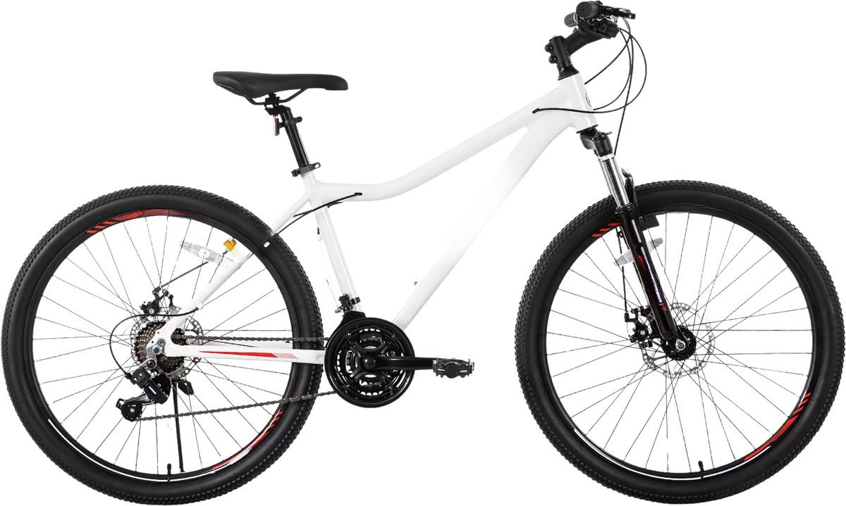 Happiq Dames mountainbike 51–69 cm – Voor recreatief en sportief gebruik op terrein – Met 21 versnellingen vergrendelbare verende vork en dubbele schijfremmen – Wit aluminium frame