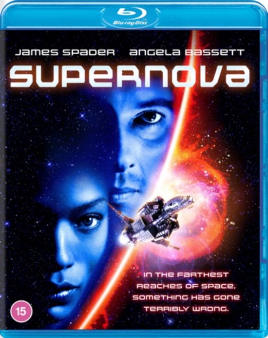 Blu-ray hoes van Supernova met de gezichten van James Spader en Angela Bassett, een ruimteschip en de tekst 'Supernova'.