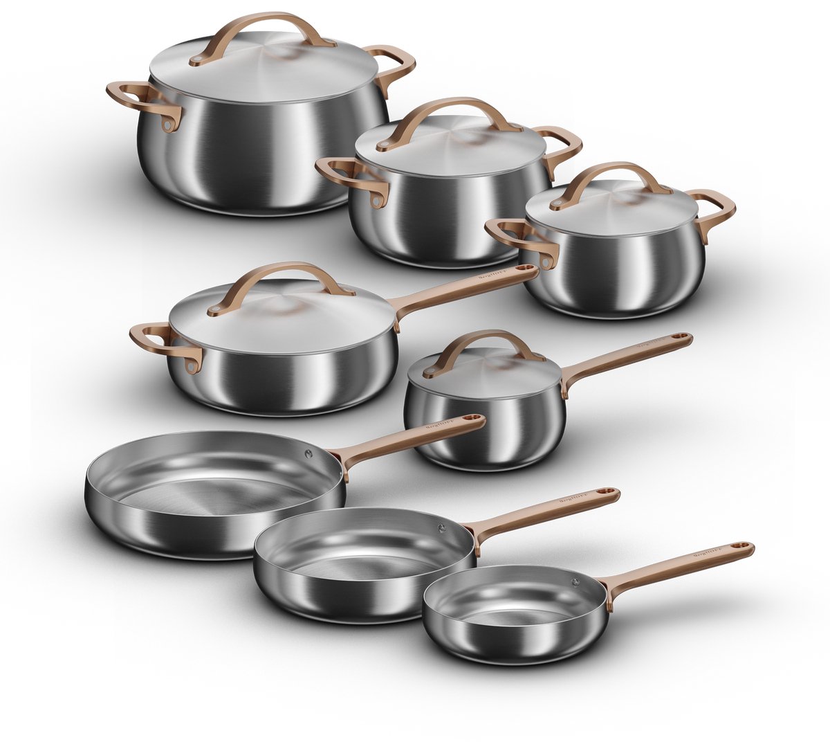 BergHOFF Home Belly Pannenset 13-delig – Luxe RVS Kookset – Steelpan 16cm, Kookpotten 18/20/24cm, Hapjespan 24cm + 5 Deksels – Inclusief Koekenpannen 20/24/28cm – PFAS-Vrij & Inductie – Warm Blush