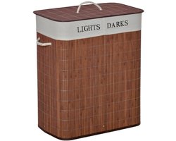 Bamboe Wasmand 100L met Deksel 52x32x63cm Bruin+Wit 2 Vakken Uitneembare Wasbare Katoenen Zak 3 Handgrepen voor Slaapkamer Badkamer