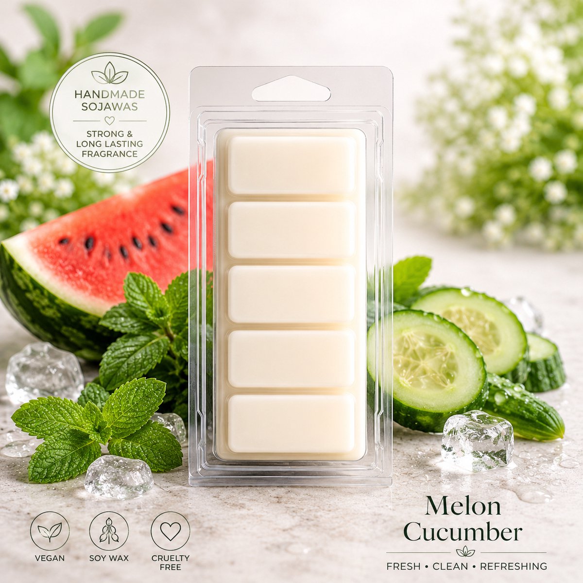 Waxmelts Melon & Cucumber - Snapbar - 55 gram - Sojawas - Handmade - Dierproefvrij - Vegan - Huisparfum - Voor in geurbrander - Waxbrander - Geur in huis - Wax melt - Geurkaars - Parfum