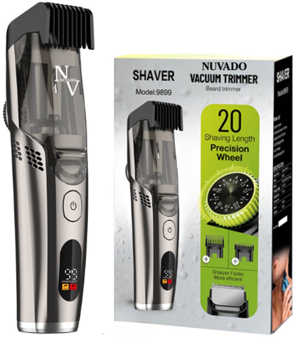 Nuvado Vacuüm Baardtrimmer Tondeuse Hoofdhaar- Grijs - Scheerapparaat - sterke motor -Verstelbaar 1-20mm - Ingebouwde afzuiging voor snor - Baard - Gezichtshaar- Precisie -Trimmer- Waterdicht - Lange batterij duur - Schoonmaken onder de douche