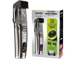 Nuvado Vacuüm Baardtrimmer Tondeuse Hoofdhaar- Grijs - Scheerapparaat - sterke motor -Verstelbaar 1-20mm - Ingebouwde afzuiging voor snor - Baard - Gezichtshaar- Precisie -Trimmer- Waterdicht - Lange batterij duur - Schoonmaken onder de douche