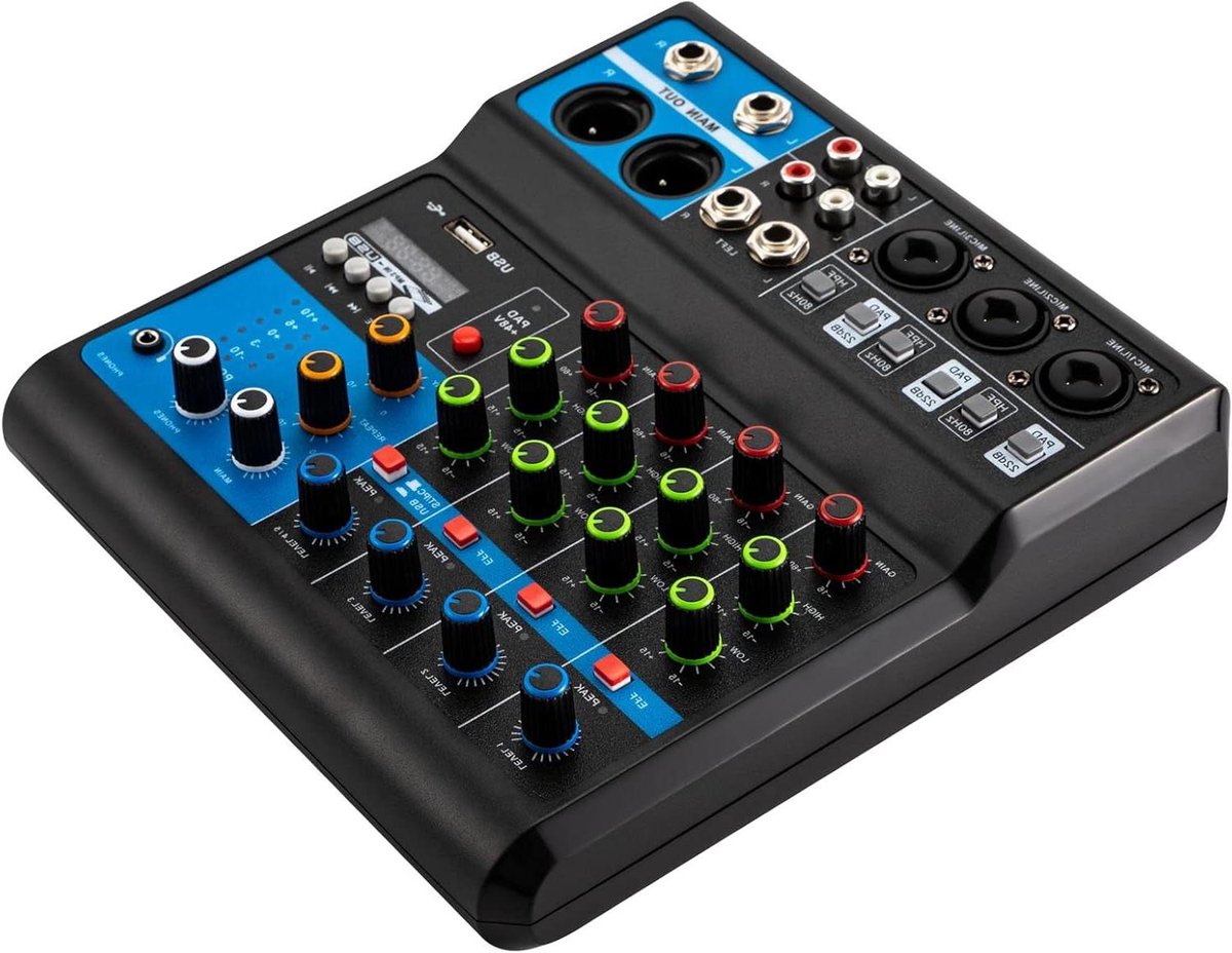5-kanaals Mengpaneel - Audio Mixer Bluetooth - Muziek Maken - 48V Fantoomvoeding - 20.5 x 21 x 6.5 cm - Zwart