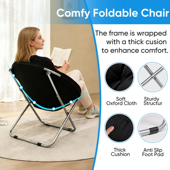xDays Maanstoel Inklapbaar – Moon Chair – Campingstoel Opvouwbaar – Klapstoel – Vouwstoel – Relaxstoel – Gepolsterd met Kussen – 75x57 cm – Slaapkamer Studentenkamer Woonkamer Balkon Tuin Festival – Grijs — afbeelding 4