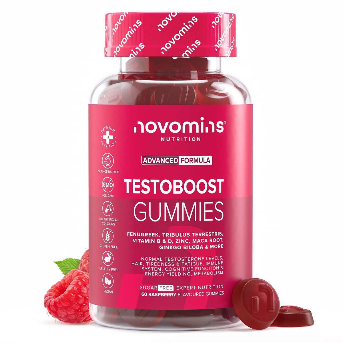 Testo-Boost voor Mannen, Maca & Tribulus Terrestris, 60 Gummies, Vegan, Halal, Getest door Eurofins, Novomins