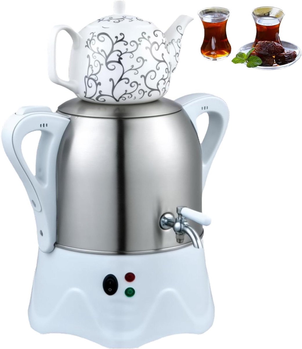 Turkse Theemaker - Samovar Ketel - Thee Zetten - Dubbele Ketel - 3L + 1L - Wit