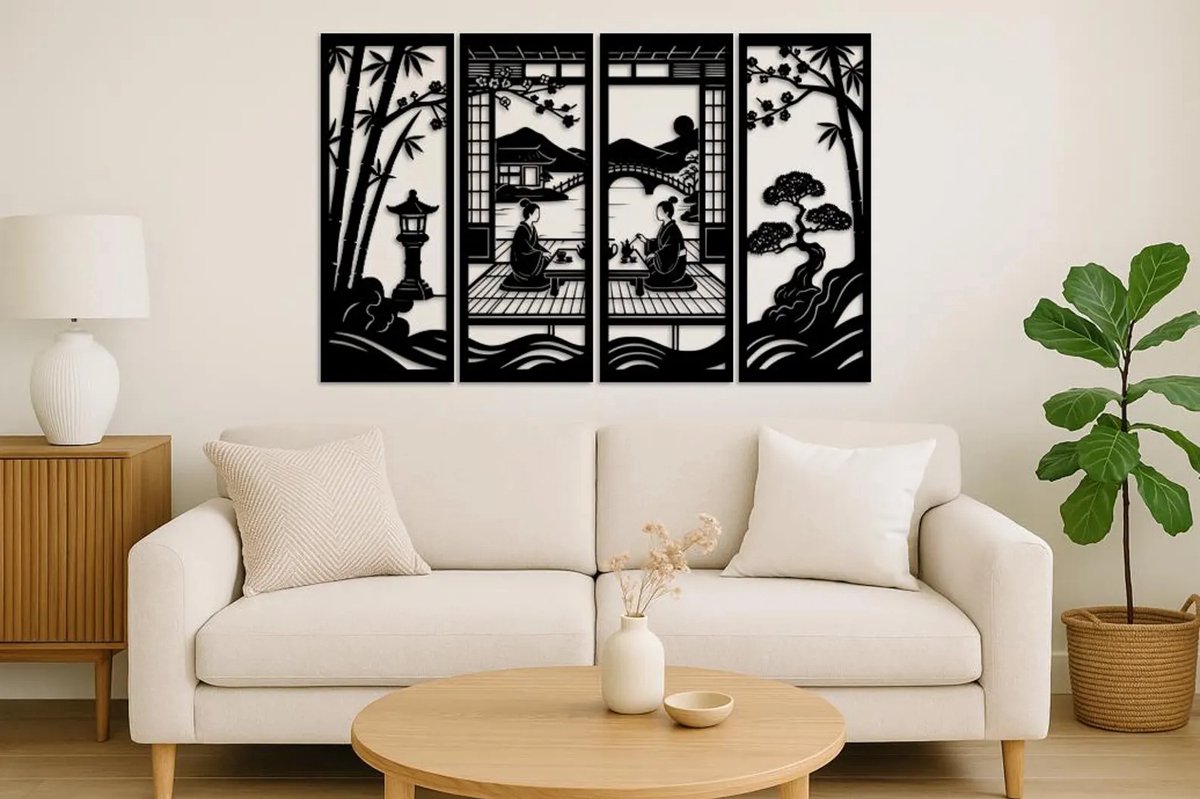 Japanse Houten Wanddecoratie 120x70 cm – Set van 4 Moderne Zwarte Muurdecoraties Aziatisch Design