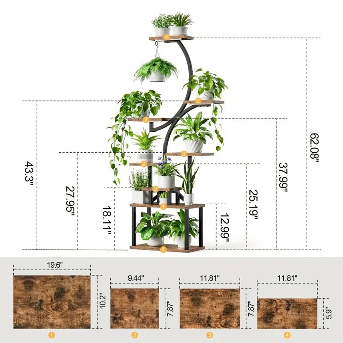 Turold Plantenrek - Plantenstandaard - Plantentrap - Plantenetagere - 8 Laags - Groeilamp - Metaal, S-vorming, Bloemenstandaard