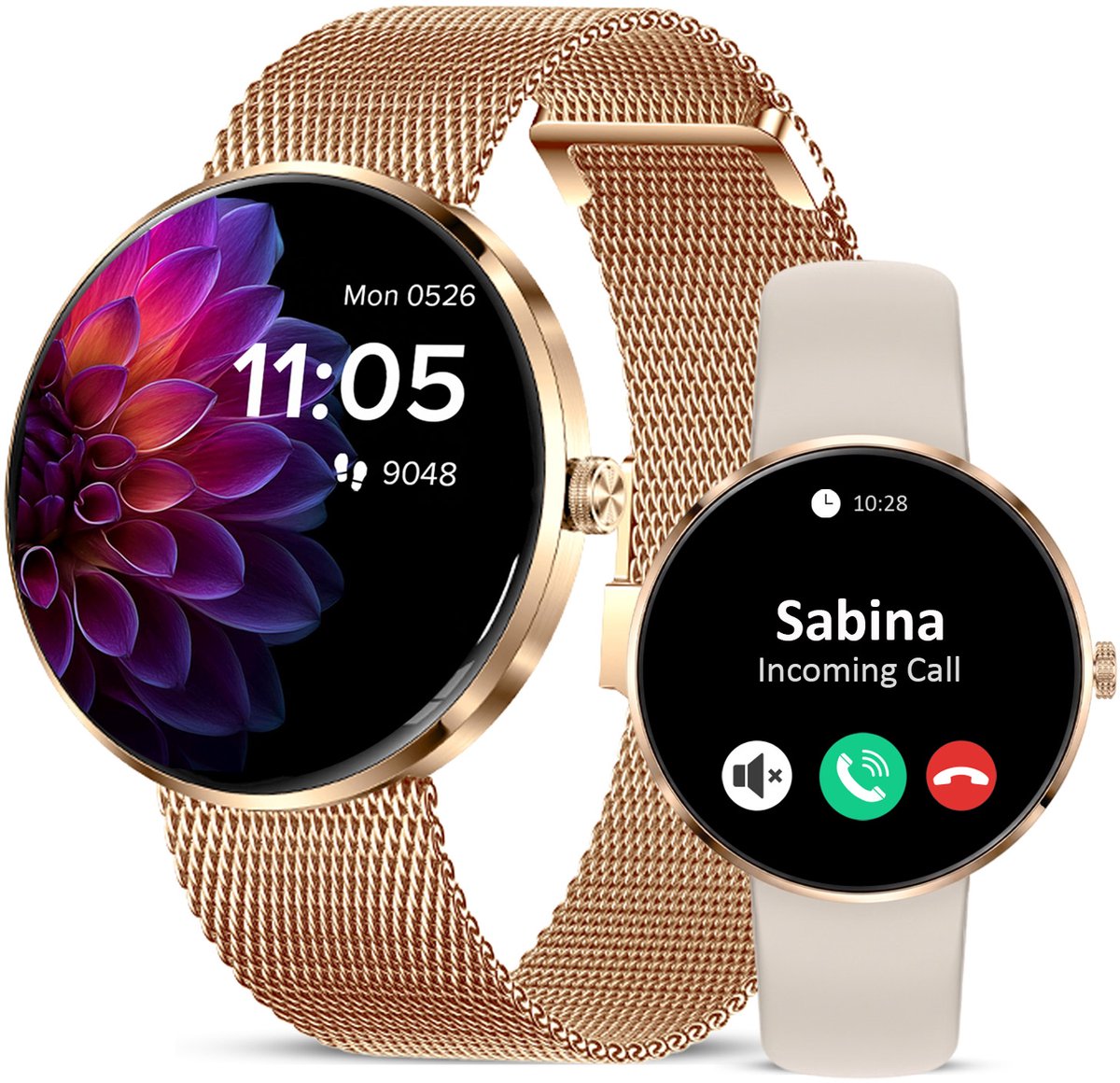 Avalue Dames Smartwatch - AMOLED Display - Belfunctie - Hartslag, SpO2 & Bloeddruk Monitor - Slaapmonitor - Vrouwengezondheid - Stappenteller - Android & iOS - RVS en Siliconen Band- Goud