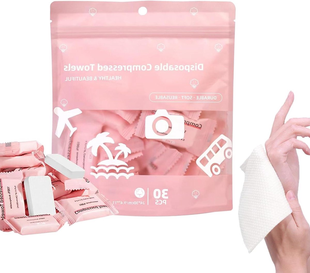 Gecomprimeerde Handdoeken - Draagbare Doekjes - Hygiënisch Werken - Sneldrogend Absorberend - 30 Stuks - Wit