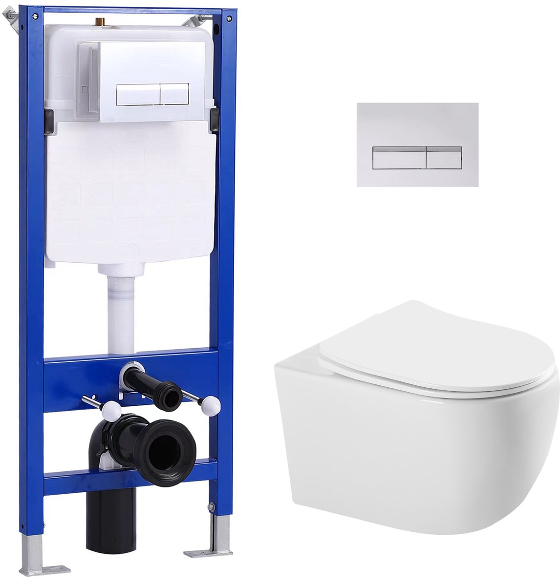 HOROW Toiletset –114cm Inbouwreservoir en keramisch wandtoilet – Softclose Zitting – Wit – hoogglans WC