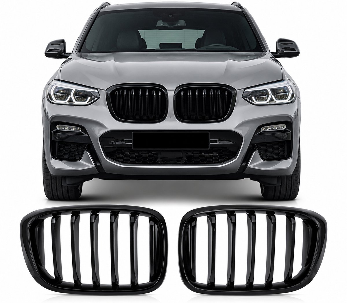 Grille Nieren Geschikt voor BMW X3 X4 G01 G02 (2017-2021) – Enkelspijlen – Hoogglans Zwart – Set van 2