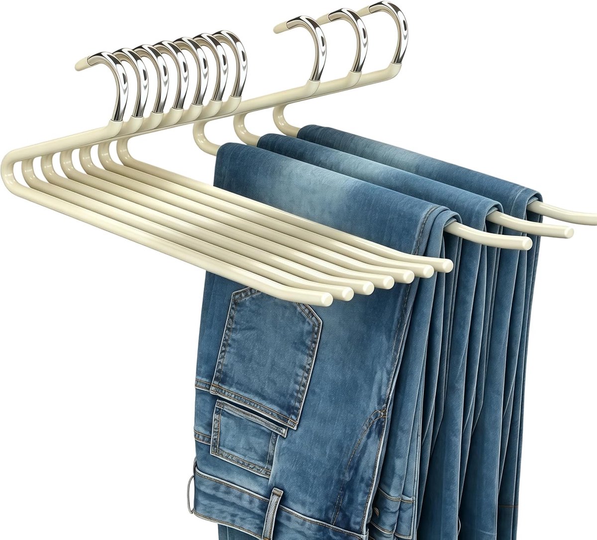 Broekhangers - kledinghangers - Broekhangers 10 Stuks Open Design – Antislip Metalen Kledinghangers voor Broeken, Jeans en Rokken – Ruimtebesparende Kastorganizer voor Dames en Heren – Beige